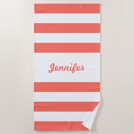 Chic Coral en White Stripes, gepersonaliseerd Strandlaken (Voorkant)