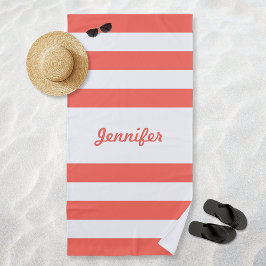 Chic Coral en White Stripes, gepersonaliseerd Strandlaken