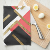 Chic Coral Pink Black en Gold Square Geometric Theedoek (Quarter Fold)