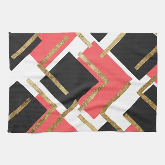 Chic Coral Pink Black en Gold Square Geometric Theedoek (Horizontaal)