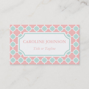 Chic Coral Pink Mint Green White Quatrefoil Visitekaartje