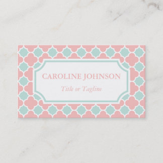 Chic Coral Pink Mint Green White Quatrefoil Visitekaartje