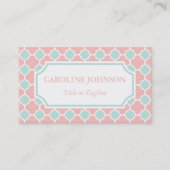 Chic Coral Pink Mint Green White Quatrefoil Visitekaartje (Voorkant)