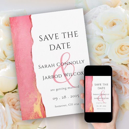 Chic Coral Pink Wedding Flat Save the Date Kaart