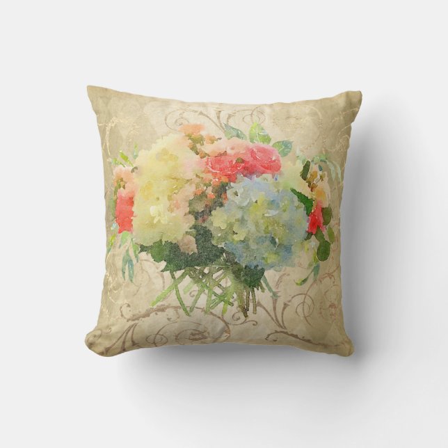Chic Coral Roos Blue Hydrangea Floral Gold Damask Kussen (Voorkant)