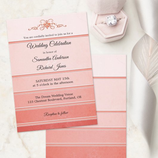 Chic Coral Striped Ton sur Ton Wedding Invitation Kaart