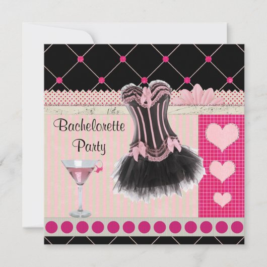 Chic Corset & Roze Martini Bachelorette Party Kaart (Voorkant)