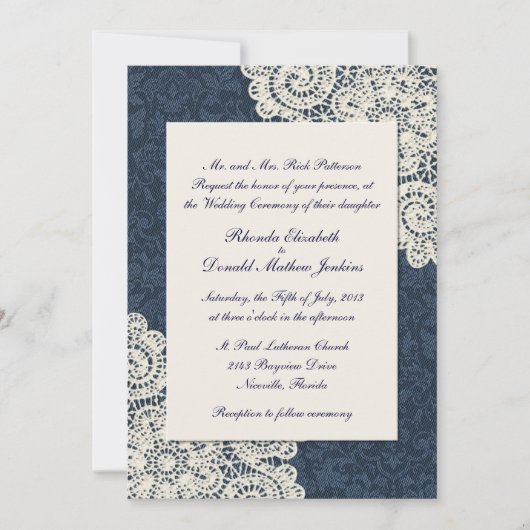Chic Country Denim Damask & Ivory Lace Wedding 2 Kaart (Voorkant)