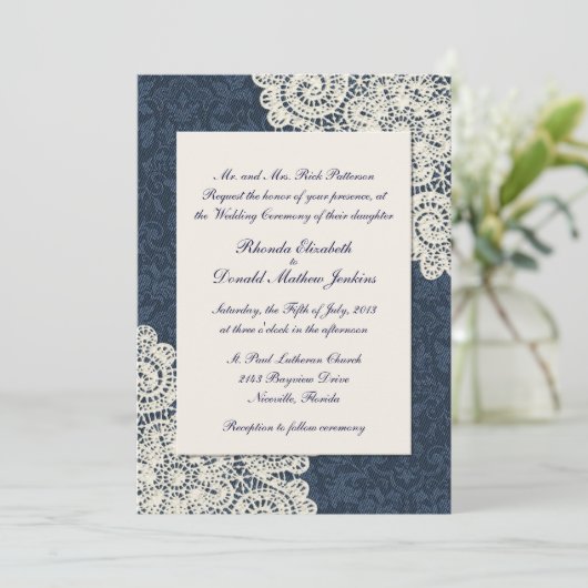 Chic Country Denim Damask & Ivory Lace Wedding 2 Kaart (Staand voorkant)