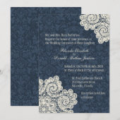 Chic Country Denim Damask & Ivory Lace Wedding 3 Kaart (Voorkant / Achterkant)