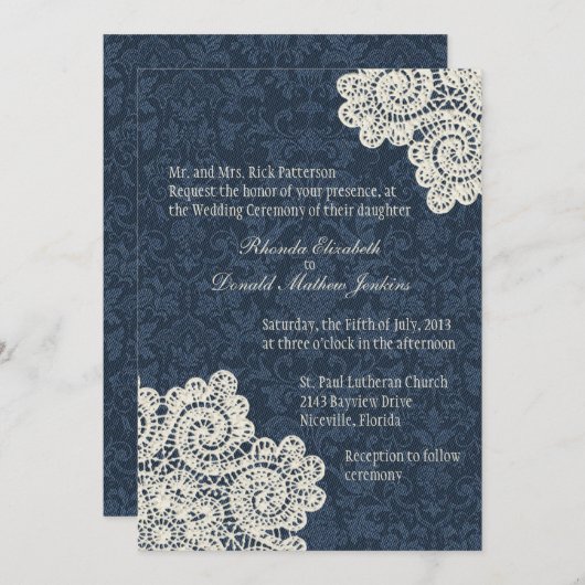 Chic Country Denim Damask & Ivory Lace Wedding 3 Kaart (Voorkant / Achterkant)