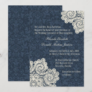 Chic Country Denim Damask & Ivory Lace Wedding 3 Kaart