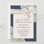 Chic Country Denim Damask & Ivory Lace Wedding Kaart (Voorkant)