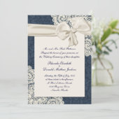 Chic Country Denim Damask & Ivory Lace Wedding Kaart (Staand voorkant)