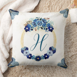 Chic Country Monogram Blauw Goud Bloemenkrans Kussen