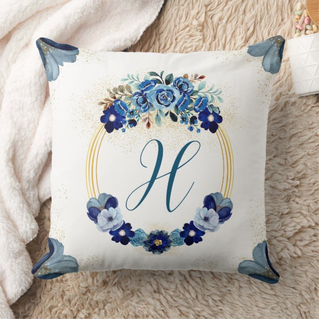 Chic Country Monogram Blauw Goud Bloemenkrans Kussen (Deken)