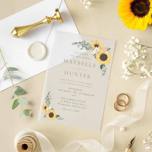 Chic Country Waterverf Bloemen Zonnebloemen Huweli Vellum Uitnodigingen