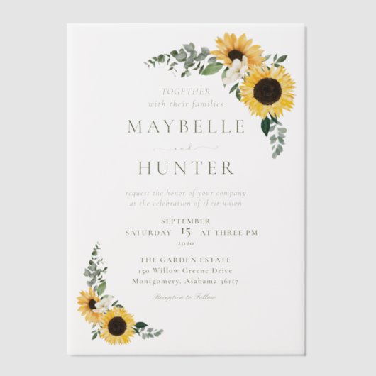 Chic Country Waterverf Bloemen Zonnebloemen Huweli Vellum Uitnodigingen (Voorkant)