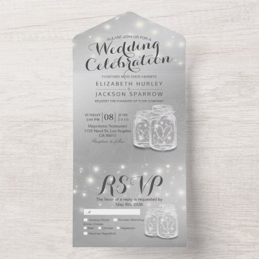 Chic Couple Mason Jar Lavender Silver Wedding RSVP All In One Uitnodiging (Binnen)
