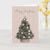 Chic Cream Brown Stripes Kerstboom Kaart (Gele Bloem)