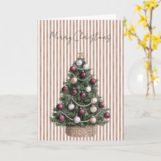 Chic Cream Brown Stripes Kerstboom Kaart (Gele Bloem)