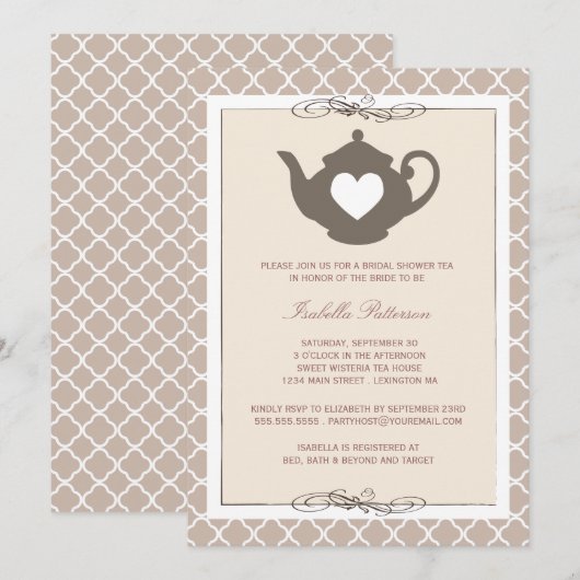 Chic Cream & Brown Teapot Vrijgezellenfeest Tea Pa Kaart (Voorkant / Achterkant)