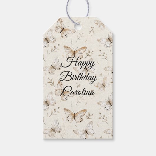 Chic Cream Butterflies Verjaardag Cadeaulabel (Voorkant)