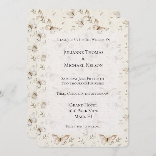Chic Cream Butterflies Wedding Kaart (Voorkant / Achterkant)