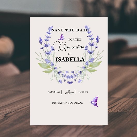 Chic Cream en Lavendel Paarse Quinceañera Save The Date