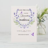 Chic Cream en Lavendel Paarse Quinceañera Save The Date (Staand voorkant)