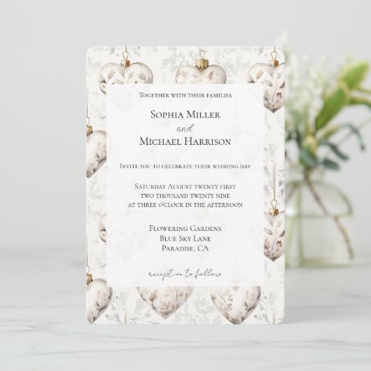 Chic Cream Grey Hearts Ornaments Wedding Kaart (Staand voorkant)