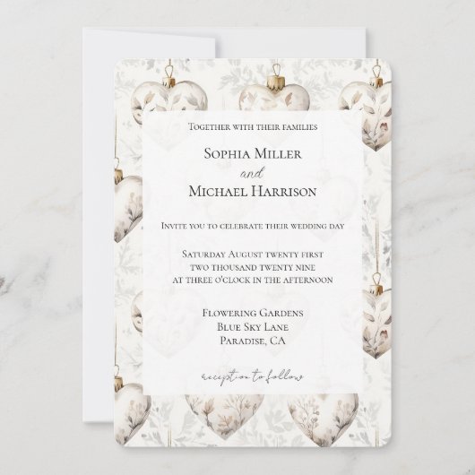 Chic Cream Grey Hearts Ornaments Wedding Kaart (Voorkant)