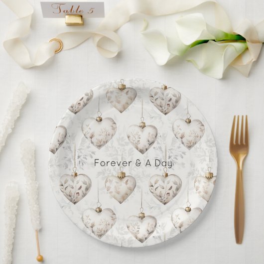 Chic Cream Grey Hearts Ornaments Wedding Papieren Bordje (Huwelijk)