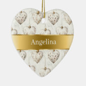 Chic Cream Hearts Gold Ribbon Christmas Keramisch Ornament (Rechts)