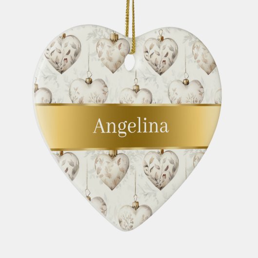 Chic Cream Hearts Gold Ribbon Christmas Keramisch Ornament (Rechts)