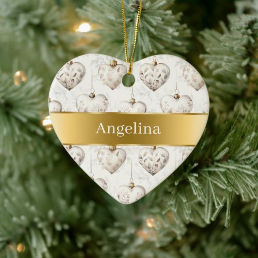 Chic Cream Hearts Gold Ribbon Christmas Keramisch Ornament (Boom)