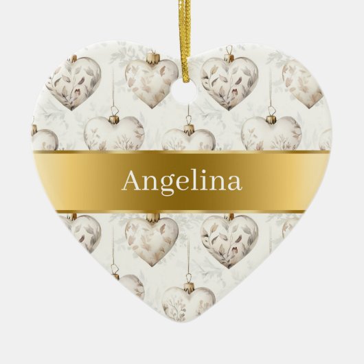 Chic Cream Hearts Gold Ribbon Christmas Keramisch Ornament (Voorkant)