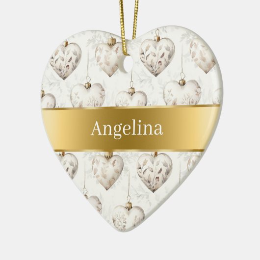 Chic Cream Hearts Gold Ribbon Christmas Keramisch Ornament (Links)
