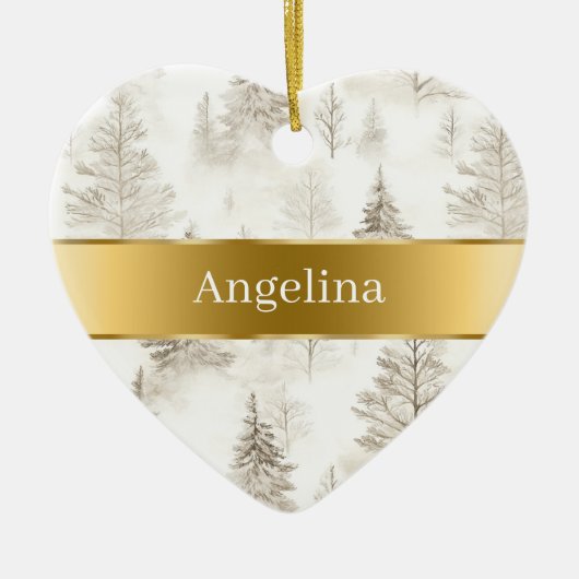 Chic Cream Trees Gold Ribbon Christmas Keramisch Ornament (Voorkant)