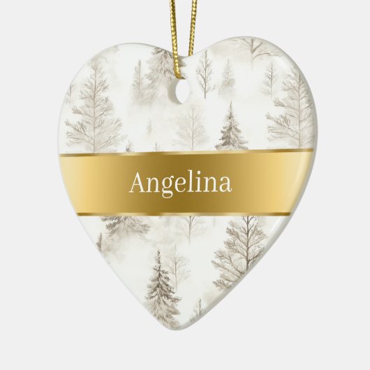 Chic Cream Trees Gold Ribbon Christmas Keramisch Ornament (Links)