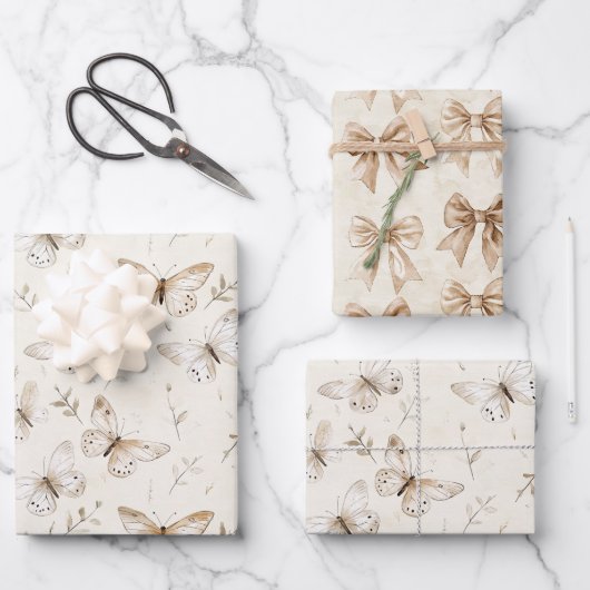 Chic Cream Vlinders Verjaardag Inpakpapier Vel (Voorkant)