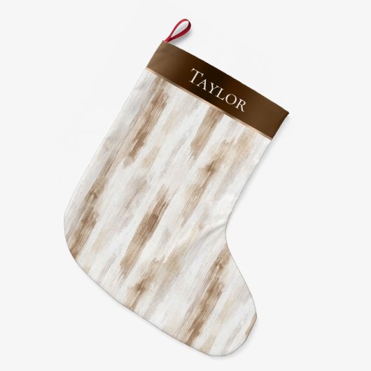 Chic Cream White Brown Stripes Kerstmis Grote Kerstsok (Voorkant (Hangend))