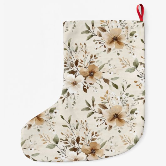 Chic Cream Witte Bruine Bloemen Kerstmis Grote Kerstsok (Achterkant)
