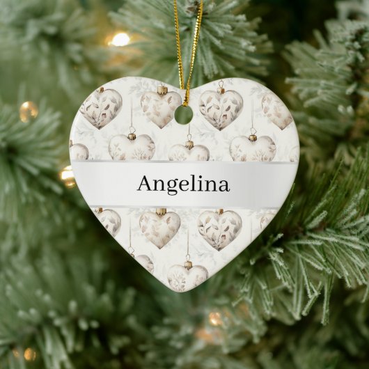 Chic Crème Harten Zilveren Lint Kerst Keramisch Ornament (Boom)