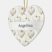 Chic Crème Harten Zilveren Lint Kerst Keramisch Ornament (Links)