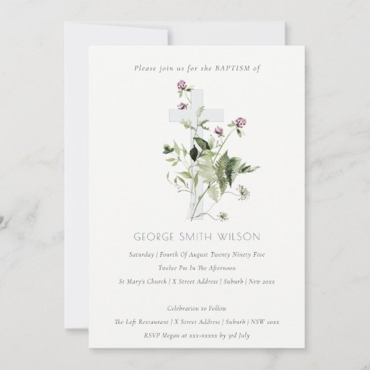 Chic Cross Paarse Wilde Floral Baptism Invite Bedankkaart (Voorkant)