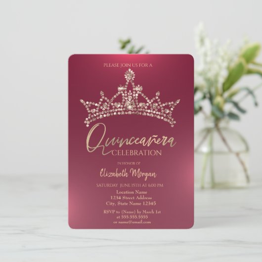 Chic Crown Burgundy Quinceañera Kaart (Staand voorkant)