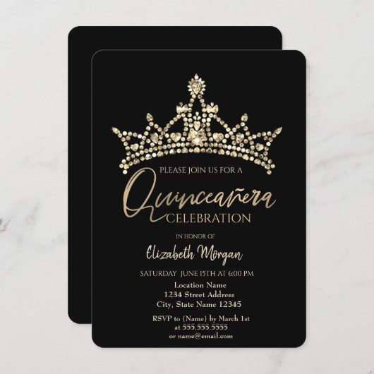 Chic Crown Confetti Black Quinceañera Kaart (Voorkant / Achterkant)