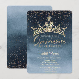 Chic Crown Confetti Navy Blue Quinceañera Kaart