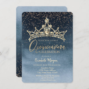 Chic Crown Confetti Navy Blue Quinceañera Kaart